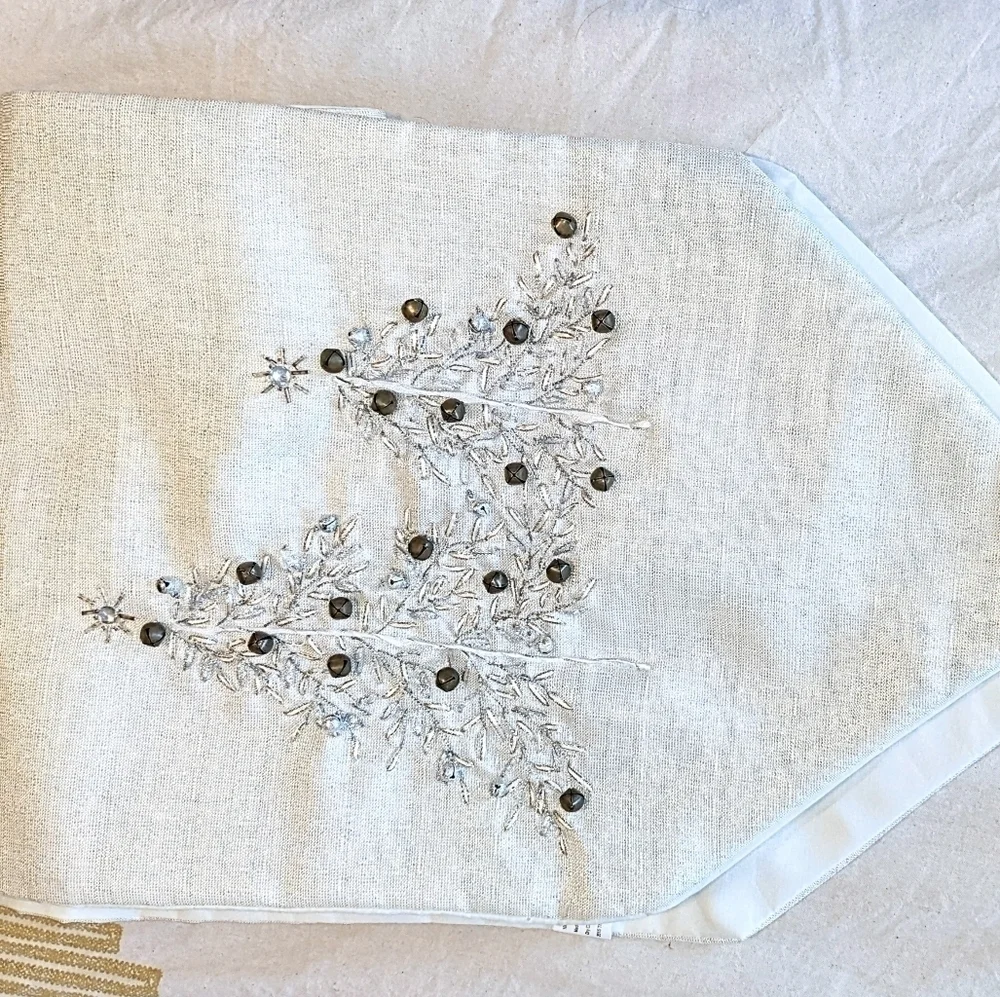 Snowy White Winter Holiday Table Runner with Jingle Bells